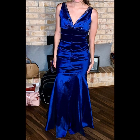 Cobalt blue mermaid gown with rhinestones, small - Picture 1 of 10